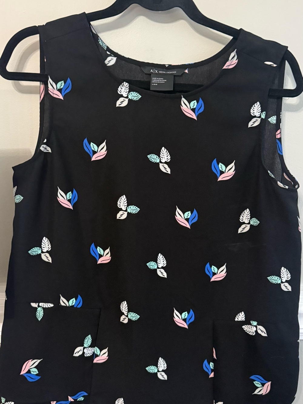 A|X Armani Exchange Black Tank with Blue, Pink & Mint Leaf Print